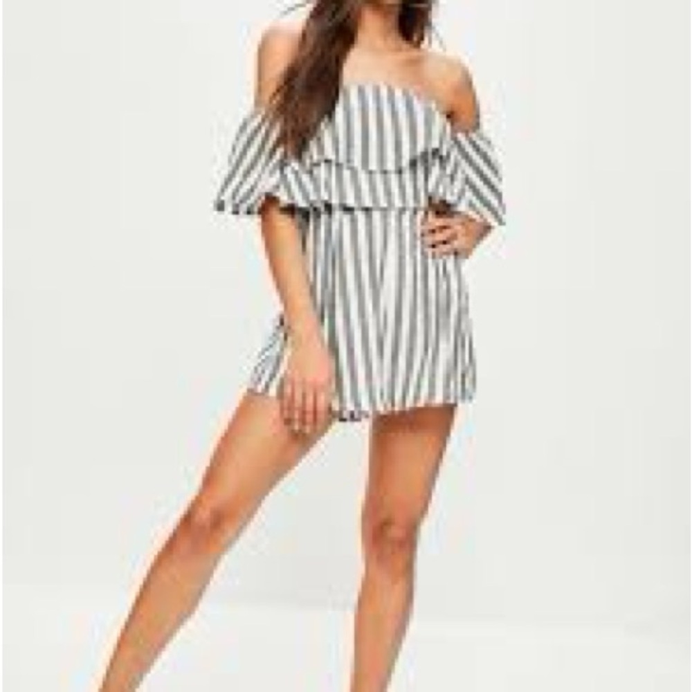 Missguided Black and White Striped Off-Shoulder Romper - Size US 0/4/32